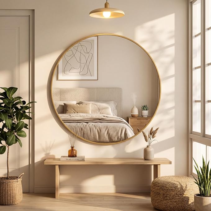 OLIXIS Bathroom Round Mirror for Over Sink, 36 in Wall Circle Mirror, Gold | Matte Brushed Metal Framed, Modern Wall Mount Vanity Mirrors for Home Decor, Living Room, Bedroom