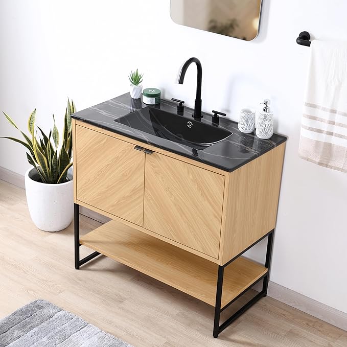 JONATHAN Y VAN1015A Juhl 35 in. W x 18 in. D x 33 in. H Chevron-Front Modern Minimalist 2-Shelf Bathroom Vanity Cabinet Only with Soft Closing Doors (Sink Basin Not Included), Oak