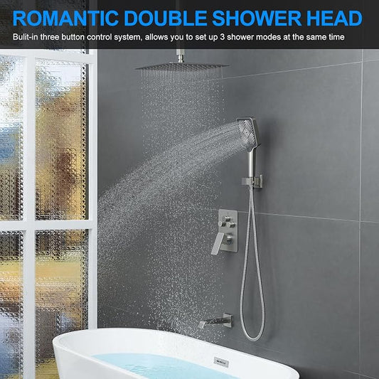 Bathtub Shower Faucet Set with Pressure Balance Valve, 12" Ceiling Mount Shower System with Tub Spout Multi-function Handheld Head Push Button Diverter Shower Trim Kit, Brushed Nickel