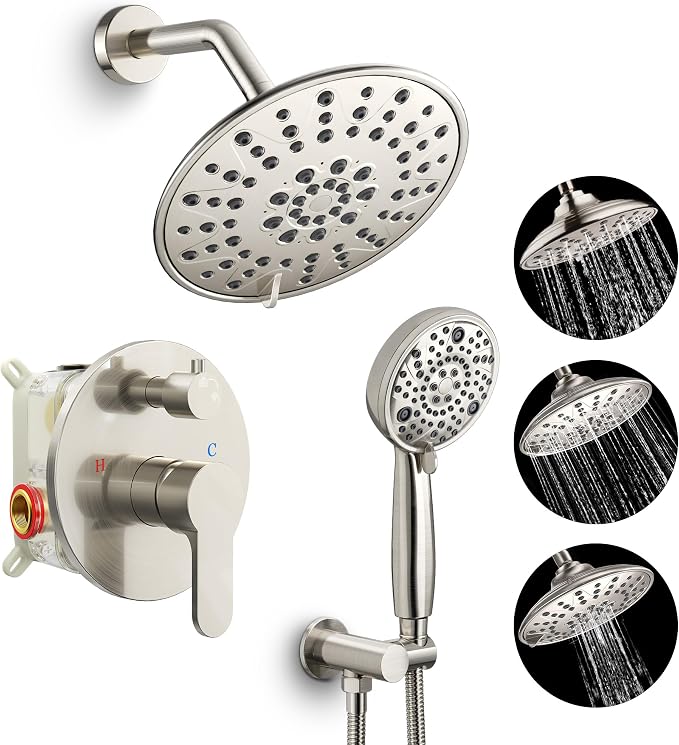 SR SUN RISE Shower Faucet - 8 Inch Multifunctional High Pressure Shower Head System with Handheld Shower Head Fixtures - Valve Included - Brushed Nickel