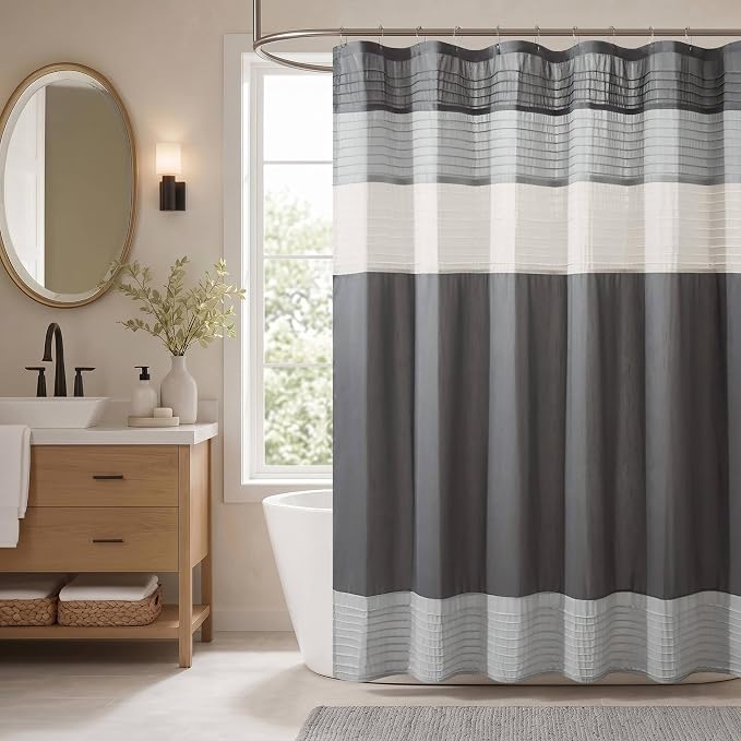 Madison Park Amherst Bathroom Shower Curtain Faux Silk Pieced Striped Modern Microfiber Bath Curtains, 72x84 Inches, Grey