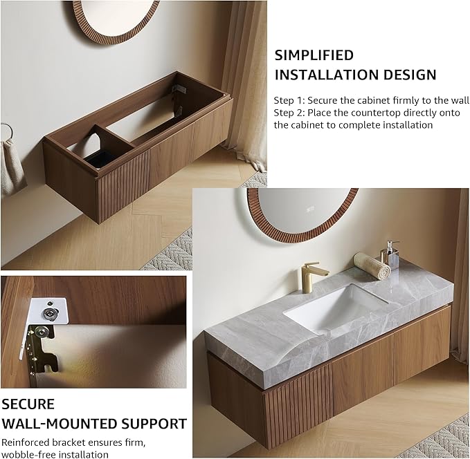 48” Floating Bathroom Vanity with Sink, Wall-Mounted Cabinet with Drawer & Doors, Gray Travertine-Pattern Sintered Stone Top, Undermount Basin, Single Faucet Hole, Soft-Close, Pre-Assembled, Brown Oak