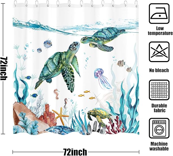 Fowocu Sea Turtle Shower Curtain Teal Blue Ocean Waterproof Fabric Shower Curtains for Bathroom with Funny Animal Octopus Starfish Anchor Fish Nautical Bath Curtain Decor (Teal, 72''×72'')