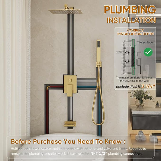 Gold Tub Shower System with 12" Rain Head, Handheld & Valve Kit | All-Metal Tub Shower Faucet Set, Wall Mounted Rain Showerhead, Handheld Spray, Includes Valve and Trim Kit, Brushed Gold