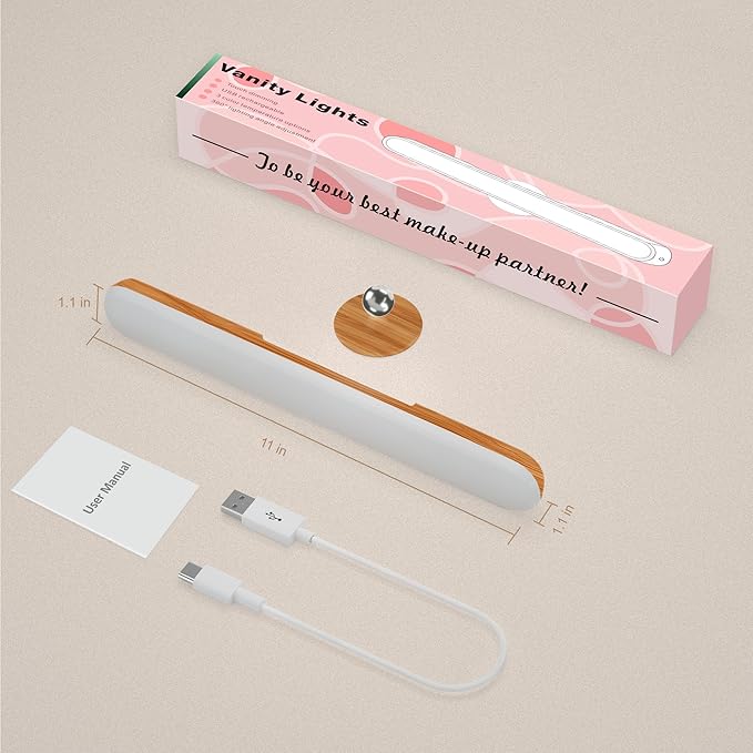Benreom Rechargeable Vanity Light for Mirror, Light Wood | 4000mAh Battery, Touch Dimming, 3 Color Modes and 360° Adjustable Magnetic Design for Makeup Mirrors and Bathrooms