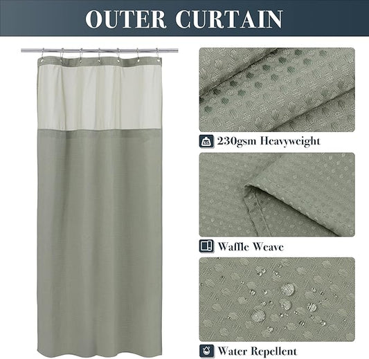 N&Y HOME Stall Waffle Weave Shower Curtain with Snap-in Liner 36x72, Sage | 12 Metal Hooks Included, Snap on/off Fabric Liner, Hotel Style & Mesh Window, Machine Washable, 36x72 Small Shower Stall Size