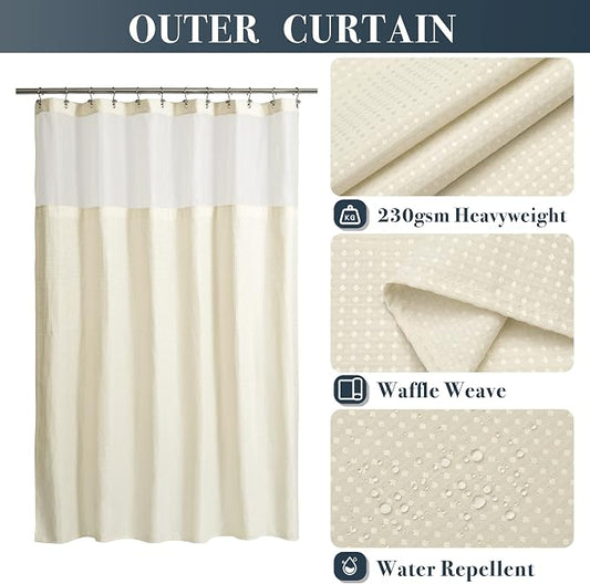 N&Y HOME Extra Long Waffle Shower Curtain with Snap-in Liner Cream, 71x84 | 12 Hooks & Snap on Fabric Liner, Washable, Mesh Window, Hotel Style, 84 inches Length Cream Shower Curtain Set for Bathroom