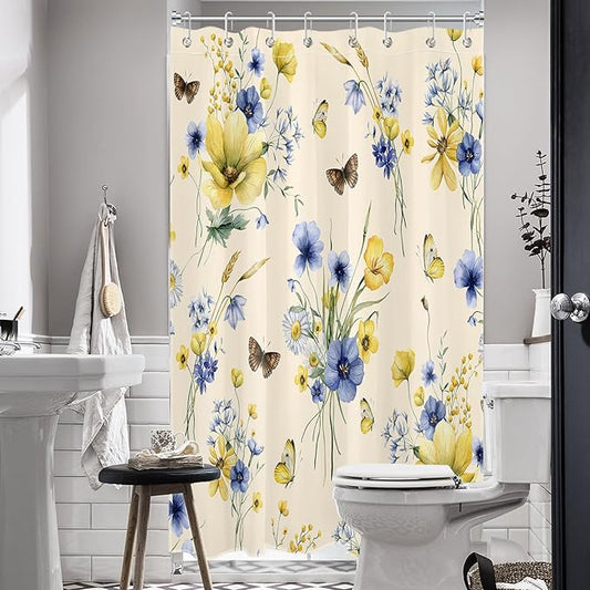HVEST Wildflower Shower Curtain for Bathroom, Blue and Yellow Floral and Wheat with Butterfly Shower Curtain with Hook, Country Daisy Flower on Beige Shower Curtain Set Bathroom Decor, 48X72 inch