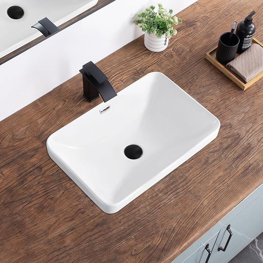 Bathroom Vessel Sink 21.6" X 14.3" Semi Recessed Bathroom Sink White | Drop In Bathroom Sinks with Overflow Rectangular Ceramic Vessel Sinks for Bathroom Modern Above Counter Basin Vanity Sink