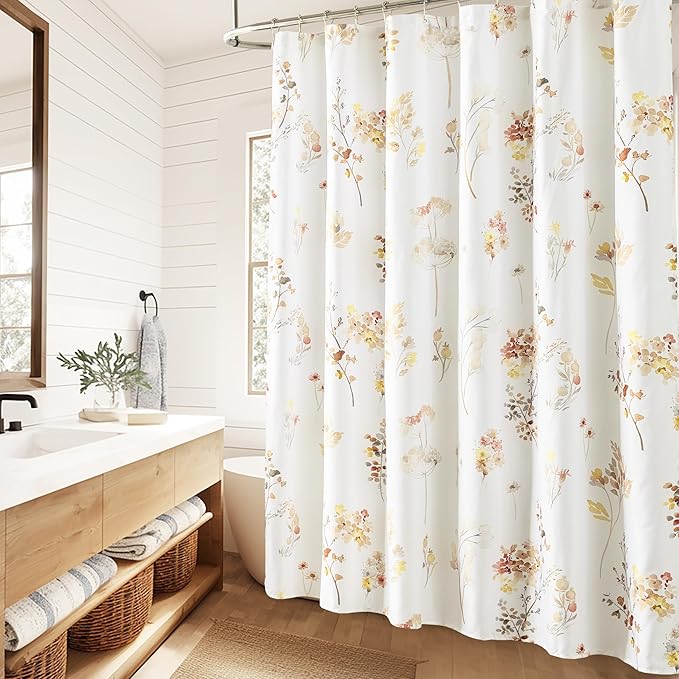Shower Curtain for Bathroom,Terracotta Rust Burnt Orange Color Fabric Boho Farmhouse Rustic Floral Leaves Theme Shower Curtains Set with Hooks,72x72 Inch