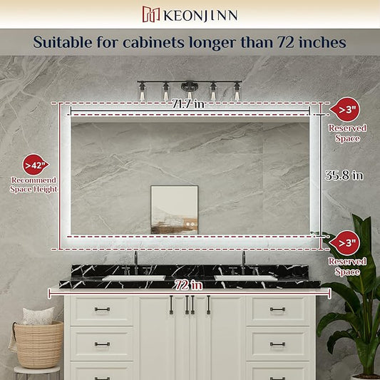 Keonjinn LED Backlit Mirror 72β x 35.9β Oversized Lighted Bathroom Mirror with UL Listed LED Driver, Large Stepless Dimmable Wall Mirror, Tempered Glass, CRI90+ Anti Fog Vanity Mirror with Backlights