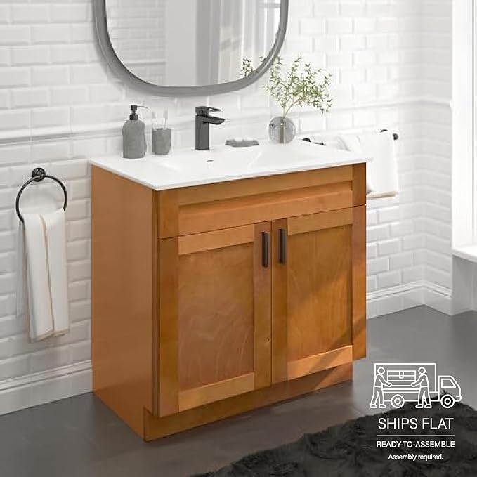 36" Maple Shaker Bathroom Vanity Base, Soft-Close Double-Door Ready-to-Assemble Sink Cabinet, 36" W x 21" D x 34.5" H, Base Only, No Top