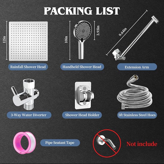 12 Inch Shower Head, Rain Shower Head with Adustable Extension Arm, Detachable Silver Rina Shower Head with Handheld Spray, High Pressure Shower Hose with Holder in Bathroom(Silver)