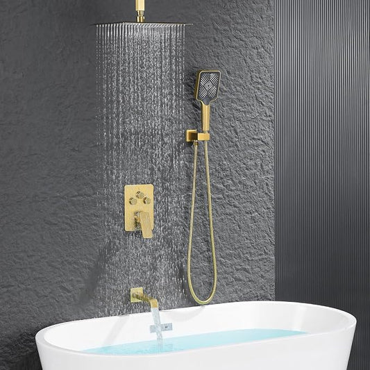 Bathtub Shower Faucet Set with Pressure Balance Valve, 12" Ceiling Mount Shower System with Tub Spout Multi-function Handheld Head Push Button Diverter Shower Trim Kit, Brushed Gold