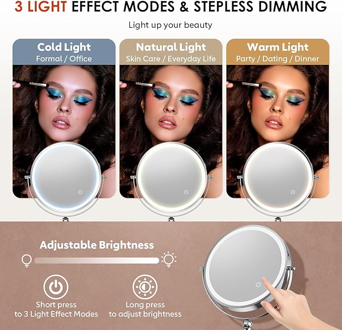 ZLOKLA 9" Wall Mounted Lighted Makeup Mirror,4000mAh Rechargeable Double Sided 1X/30X Magnifying Mirror with Light,Touch Dimmable,Extended Arm 360 Rotation Wall Mounted Makeup Mirror 3 Color Lights-C