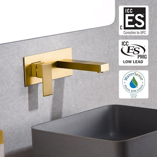 sumerain Wall Mount Bathroom Sink Faucet Brushed Gold and Rough in Valve Included, Left-Handed Single Handle