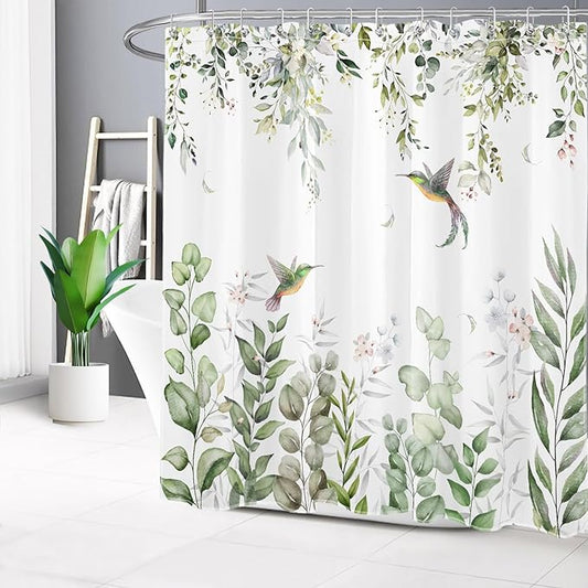 HVEST Sage Green Plant Shower Curtain and Bathroom Rugs, Eucalyptus Leaves with Floral and Hummingbird on White Shower Curtain with Bath Mat, 70X70 inches Green Botanical Shower Curtain Set