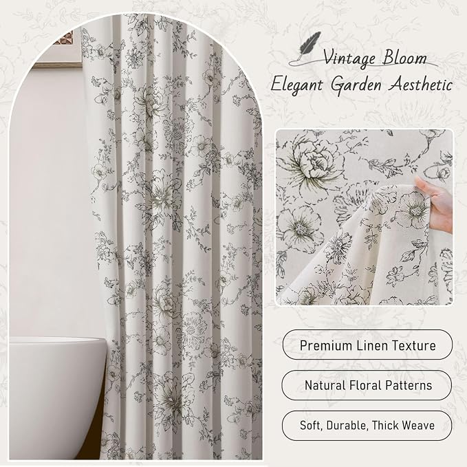 Farmhouse Floral Cotton Shower Curtain, Vintage Black Pattern Rustic Shower Curtains for Bathroom, 72x72