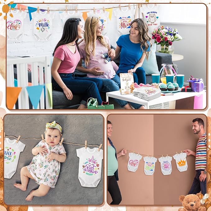 Panitay 126 Pcs Baby Shower DIY Bodysuit Set Bib 25 Blank White Newborn Bodysuit 25 Stencils 24 Marker 1 Sign 50 Pins(Bear)