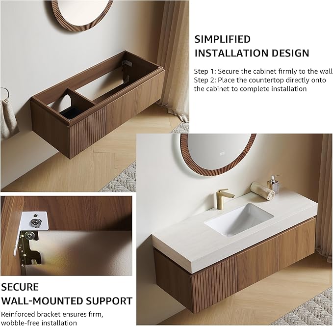 48” Floating Bathroom Vanity with Sink, Wall-Mounted Cabinet with Drawer & Doors, Roma Travertine-Pattern Countertop, Undermount Basin, Single Faucet Hole, Soft-Close, Pre-Assembled, Brown Oak
