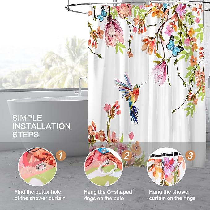 Watercolor Shower Curtain Hummingbird Floral for Bathroom 72 x 72 | Flowers Bird Shower Curtain with Hooks Waterproof Polyester Fabric Machine Washable Farmhouse Decor Bath Curtain