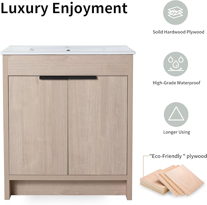 30'' Freestanding Bathroom Vanity, 30 Inch Floor Stand Bathroom Vanity with Sink, Single Ceramic Sink Cabinet Set, Modern Storage Cabinet, with Soft Closing Door, 02430PLO+BL9075B