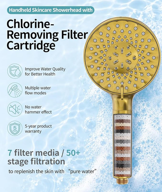 SR SUN RISE Filtered Shower Head with Handheld High Pressure 9 Spray Mode Showerhead Detachable Shower Head Water Softener Filters 1 Filter Brushed Gold