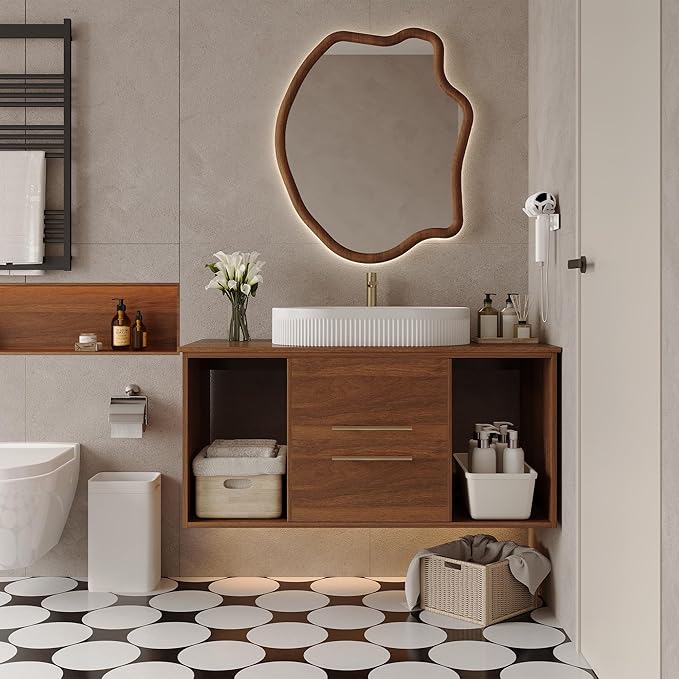 KEIKI 39.4" Bathroom Vanity with Undermount Sink Combo, Modern Floating Vanity Cabinet with 2 Drawers & Open Side Shelves, Storage Wall Mounted Cabinet for Small Space, Walnut Ceramic