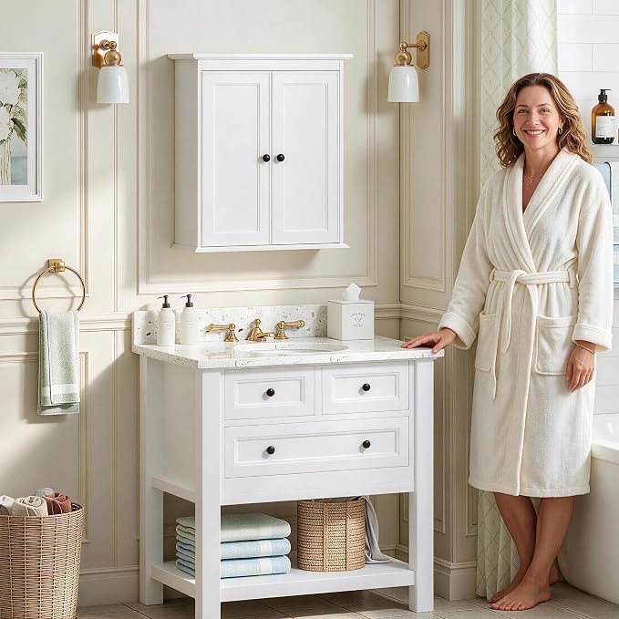 Spirich Bathroom Wall Cabinet, White Medicine Cabinet with 2 Doors | 2 Adjustable Shelves, Shaker Doors & Black Knobs, Compact Wall Storage for Bathroom, Kitchen & Laundry Room