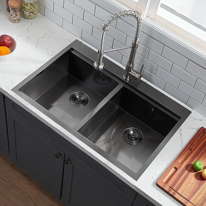 KINGO HOME 33x22 Double Bowl Kitchen Sink 33 Inch Black, Stainless Steel Drop in Double Basin Kitchen Sinks, Topmonut 50/50 Framhouse Sinks Workstation Sink with Accessories