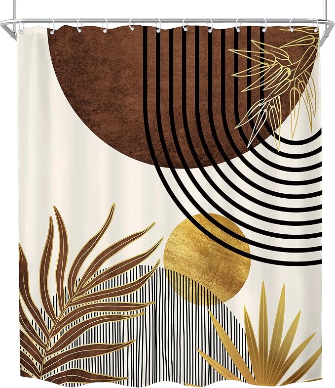 Mid Century Brown Boho Abstract Modern Retro Bathroom Shower Curtain Set | 72Wx78H Tan Gold design, waterproof HD print with fast-drying fabric and 12 hooks.