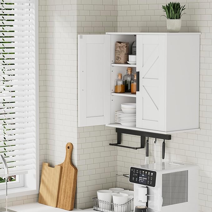 Homleke Bathroom Wall Cabinet, Medicine Cabinet with Adjustable Shelves | 3-Tier Wall Mounted Over Toilet Storage with Barn Doors, for Bathroom, Kitchen, Entryway, Laundry Room, White, (11.8" D)
