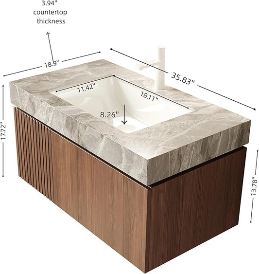 KEIKI 36 Inch Floating Bathroom Vanity with Sink, Modern Wall Mounted Storage Cabinet with Drawer, Pre-Assembled Waterproof Wood Panels, Sintered Stone Top & Ceramic Basin Combo Set, Brown Oak & Grey