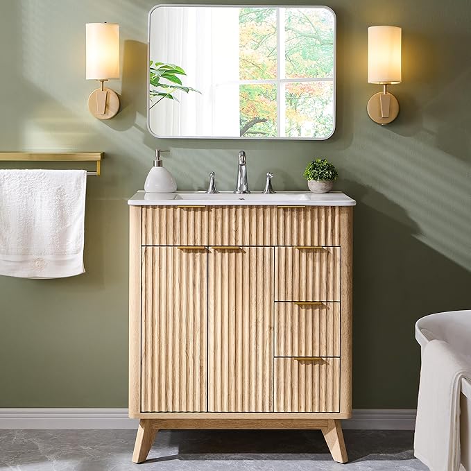 T4TREAM 30" Fluted Bathroom Vanity with Ceramic Sink Combo,Freestanding Modern Bathroom Storage Vanity Cabinet with 2 Soft Closing Doors & 3 Drawers,Wood Grain Texture,Metal Handle,Natural Oak | Fluted, Freestanding, Modern, Bathroom Storage, Vanity Ca...