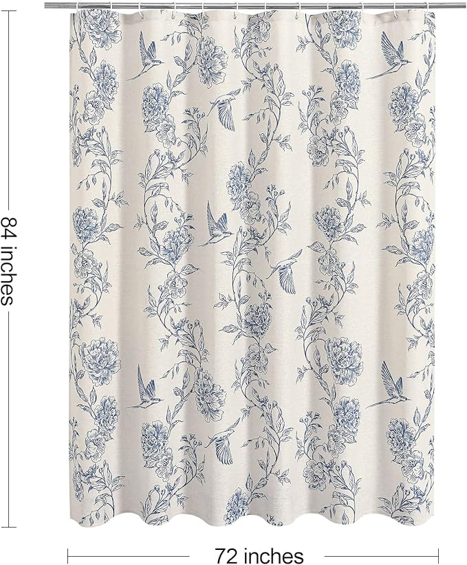 MitoVilla Extra Long Blue Cotton Shower Curtain for Bathroom,72 x 84 | Extra Long BoHo Cottagecore Hummingbird Spring Shower Curtains, Modern Farmhouse Country Floral Bathroom Décor, 72 x 84