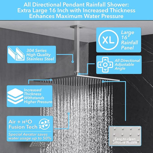 VANFOXLE Shower System, Brushed Nickel Shower Faucet Set, Push Button Valve | 16 Inch Ceiling Mount Rain Head, 6 Inch Wall Mount Head, 2-in-1 Handheld Sprayer, Solid Brass Valve, Rust Resistant