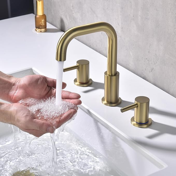 Brushed Gold Bathroom Faucet, 8 in Gold Widespread Bathroom Sink Faucet 3 Hole with Pop Up Drain and Supply Lines, Stainless Steel 2 Handle Gold Faucet for Bathroom Vanity