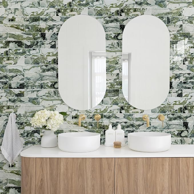 Vamos Tile Peel and Stick Backsplash, Glossy 40-Piece 3''x12'' Subway Tile | Ice Green with White Grout Wall Tile,PVC Faux Stone Stick on Subway Tiles for Kitchen,Bathroom,Laundry,Camper,Fireplace