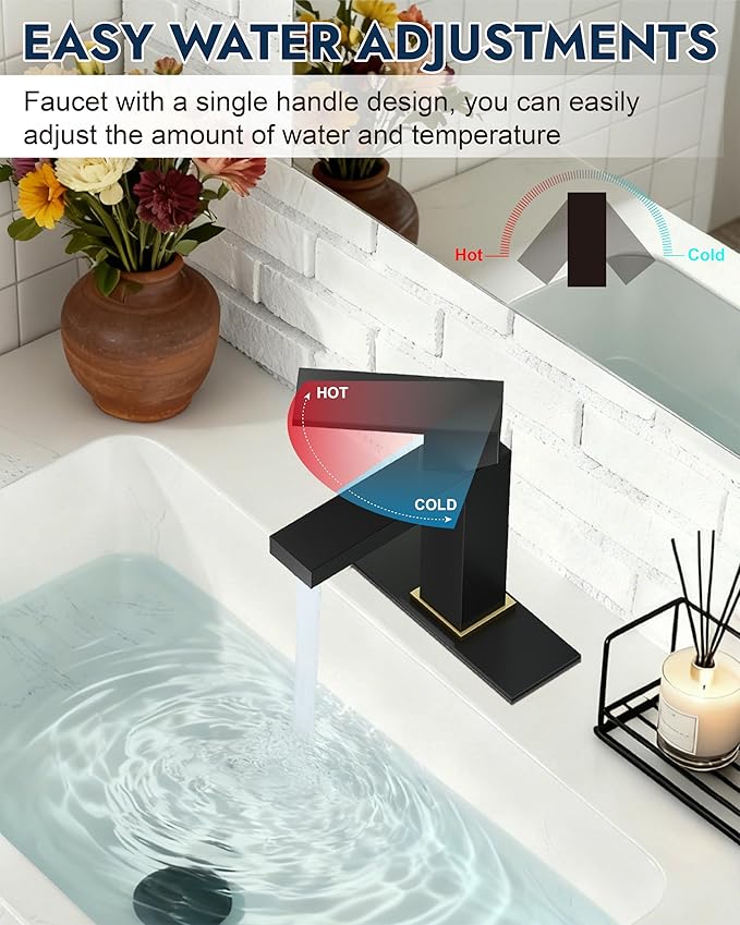 Midanya Bathroom Faucets 1 Hole, Single Handle Stainless Steel Bathroom Sink Faucet, Modern Vanity Faucets with Deck Plate,Water Supply Hoses and Pop Up Drain,Matte Black Handle and Brushed Gold