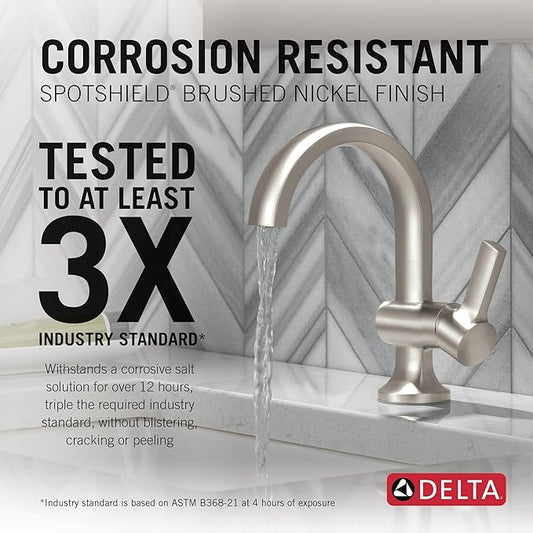 Delta Albion Brushed Nickel Bathroom Faucet 1 Hole, Single Hole Bathroom Sink Faucet for Vanity, Metal Push-Pop Drain Assembly, SpotShield Brushed Nickel 15855LF-SP