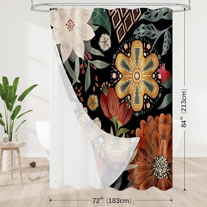 3 in 1 Boho Floral Shower Curtain Set with PEVA Liner & 12 Hooks, 72 x 84 | Boho Tropical Botanical Style, Farmhouse Floral Fabric, Modern Hotel Inspired, Water‑Repellent, Machine Washable
