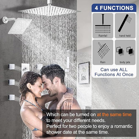 Thermostatic Shower System Dual Shower Heads with 16" Ceiling Mounted Rain Shower Head & 6" Wall Mounted Head 4 Function Full Body Shower System with body jets Can All Run Together, Chrome
