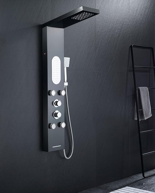 5-in-1 LED Shower Panel Tower System Stainless Steel Black | LED rain head | 4 massage jets | Body waterfall spray | Handheld shower | Tub spout | Wall mount