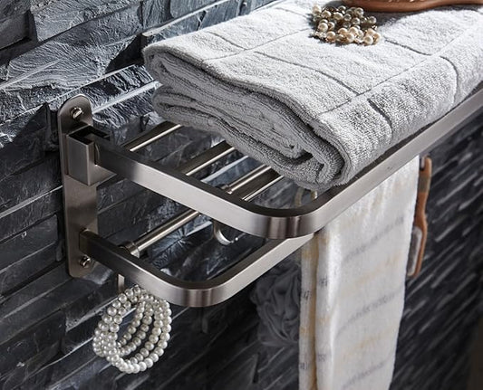 ELLO&ALLO Stainless Steel Towel Racks for Bathroom Shelf Double Towel Bar Holder with Hooks Wall Mounted Multifunctional Foldable Brushed Nickel