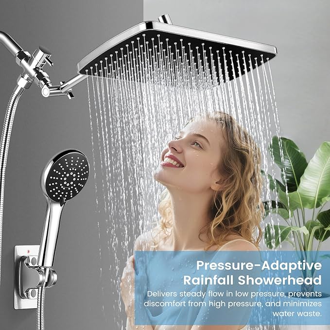 Shower Head with Handheld,High Pressure Chrome Rain Shower Head | Regaderas Para Shower,11.8" Rectangular,Rainfall Shower Head,Dual Shower Head,Bathroom Decor,Extension Arm,5 Spray Mode