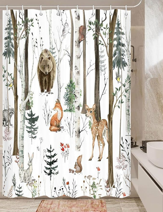 JAWO Rustic Forest Shower Curtains, Lodge Cabin Woodsy RV Shower Curtain, Wildlife Animals Woodland Campers Camping Bathroom Set with Hooks, 54x72 Inch, White