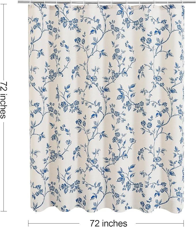 MitoVilla Navy Blue Boho Shower Curtain Set, Cotton Floral Cottagecore Spring Shower Curtains for Bathroom, Modern Farmhouse Country Plant Leaves Bathroom Décor, 72" W x 72" L