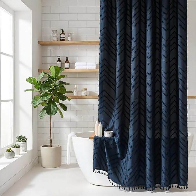 Siiluminisoy Navy Blue Shower Curtain Fabric Boho Shower Curtain Cloth Textured Tufted Chevron Elegant Shower Curtains Waterproof for Bathroom 72 x 72