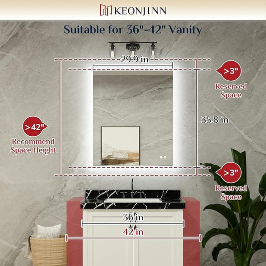 Keonjinn Backlit Mirror Bathroom 30β x 36β, Anti-Fog Mirror with Lights, CRI90+ HD Tempered Glass, Waterproof, UL Listed, Stepless Dimmable Vanity Mirror with High Lumen