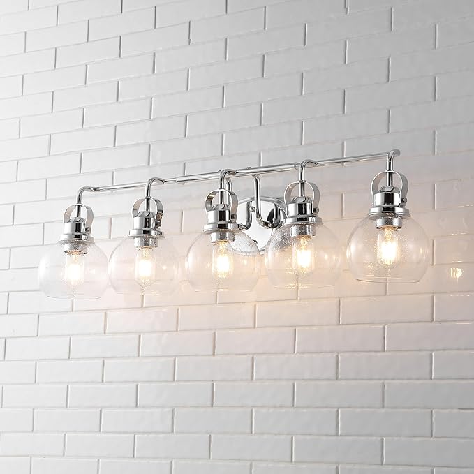 JONATHAN Y 36.25" Chrome Shirley 5-Light Bathroom Vanity Light, Metal Wall Sconce, Clear Seeded Glass Shade, Modern Transitional Farmhouse Fixture, LED Bulbs Included (JYL7906A)